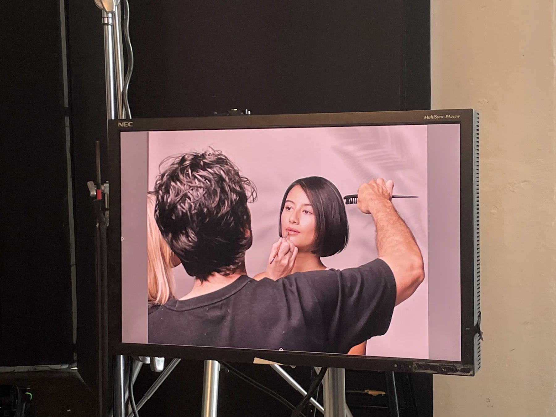 Aveda campaign shoot viewed on the production monitor