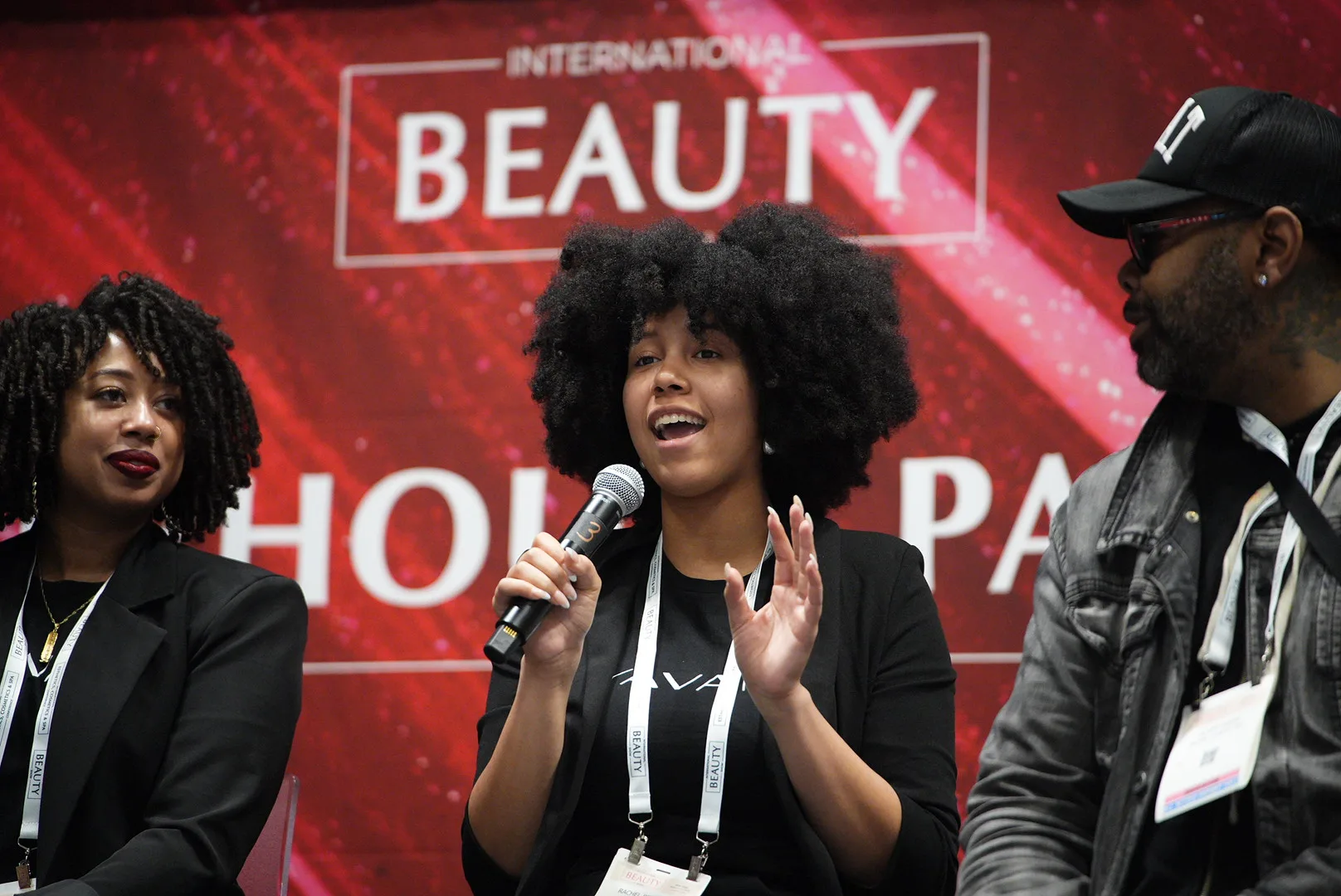 Rachel speaking on a panel at International Beauty Show